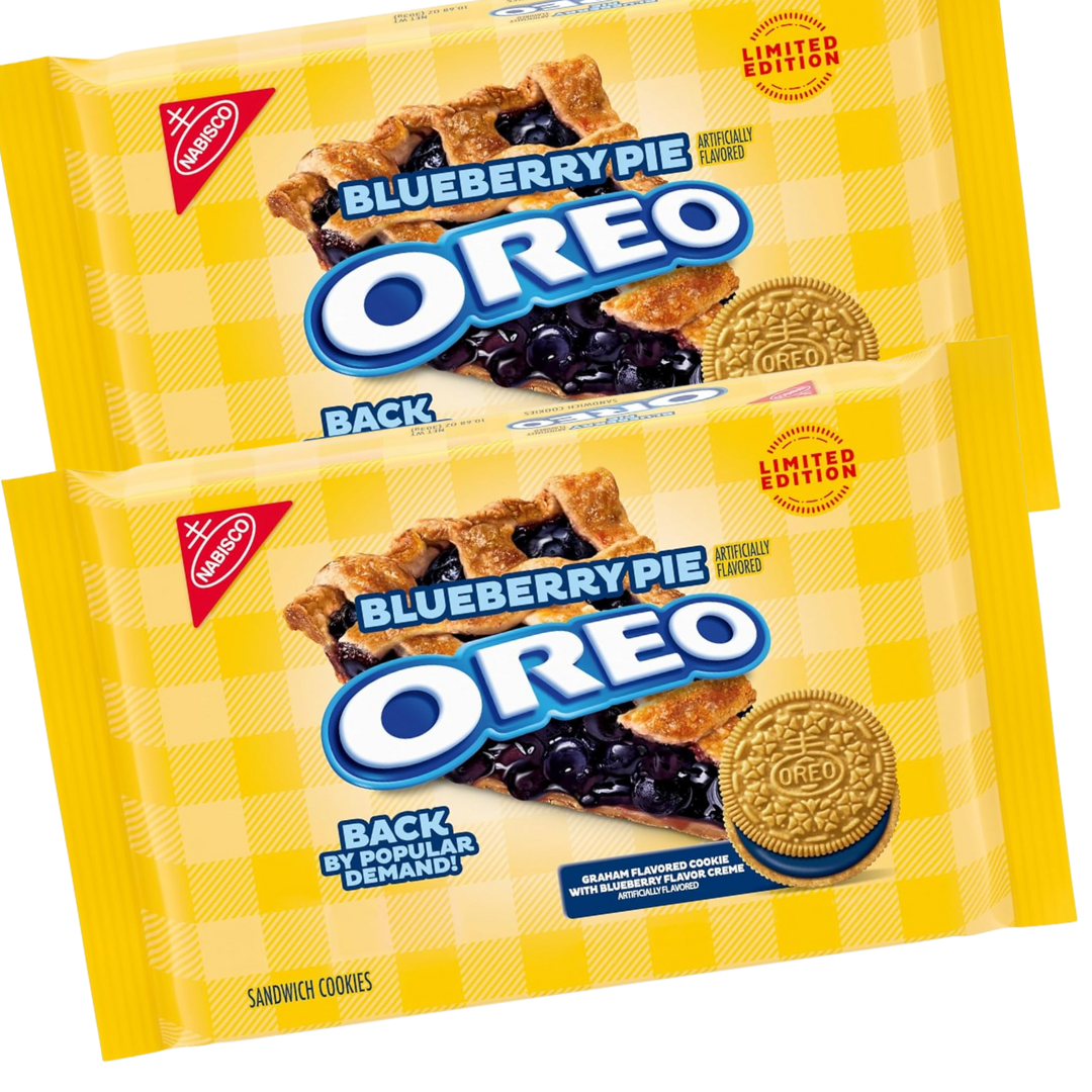 A package of Oreo Blueberry Pie cookies featuring graham-flavored cookies with blueberry crème filling.