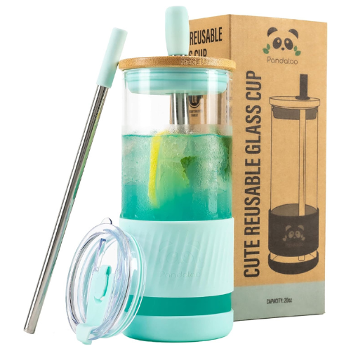 Pandaloo® 20 oz Caribbean Blue glass tumbler with bamboo lid, straw, and travel-friendly lid, ideal for iced coffee and smoothies.