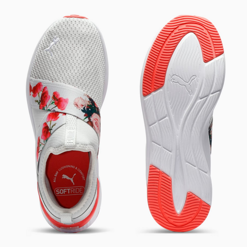 Close-up of PUMA Softride Harli Floral Women’s Slip-On Shoes in Feather Gray and Peach Frost