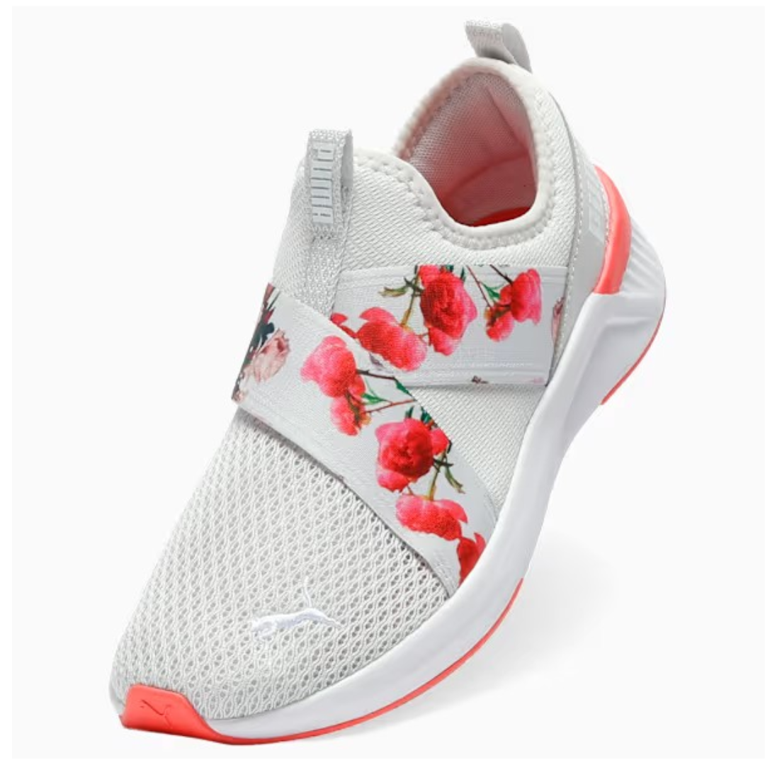 Close-up of PUMA Softride Harli Floral Women’s Slip-On Shoes in Feather Gray and Peach Frost