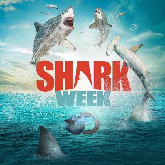  Discovery+ logo and Shark Week 2025 banner with shark visuals and ocean-themed graphics.