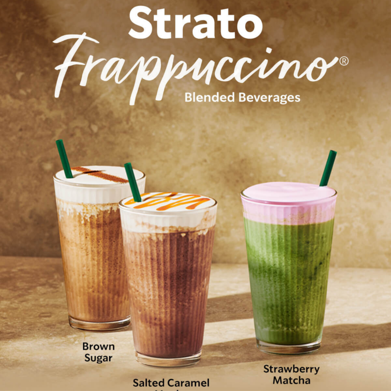 Three Starbucks Strato Frappuccinos lined up side by side—Salted Caramel Mocha, Strawberry Matcha, and Brown Sugar—each with creamy cold foam and layered colors in clear cups.