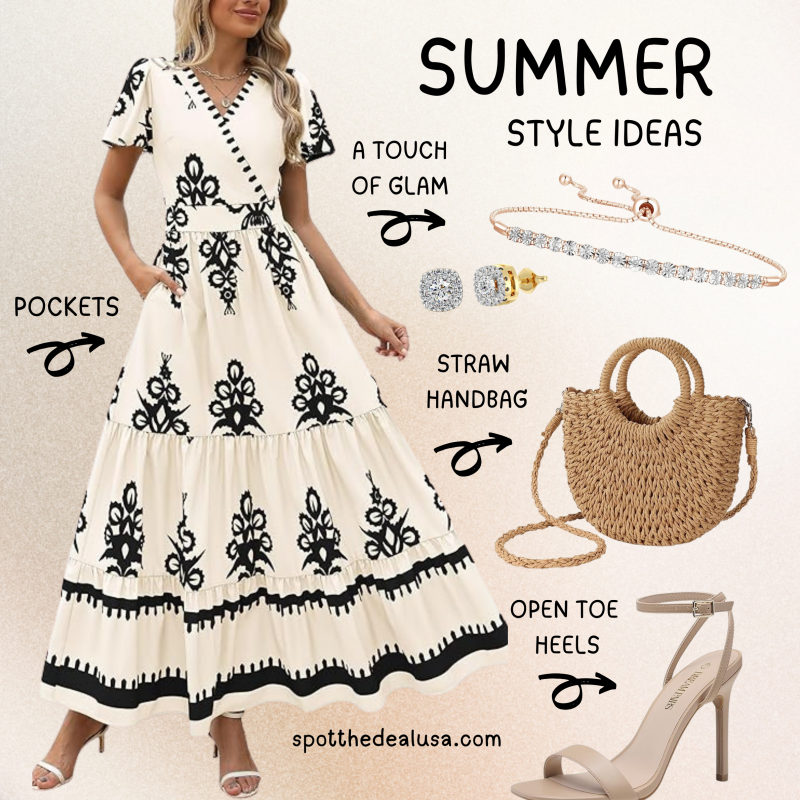 Summer outfit flat lay including floral maxi dress, nude strappy heels, woven straw bag, rose gold bracelet, and cushion-cut diamond earrings.