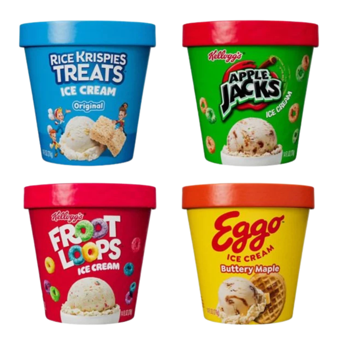 Kellogg’s cereal milk ice cream pints featuring Apple Jacks, Corn Pops, Froot Loops, Frosted Flakes, and Honey Smacks flavors.