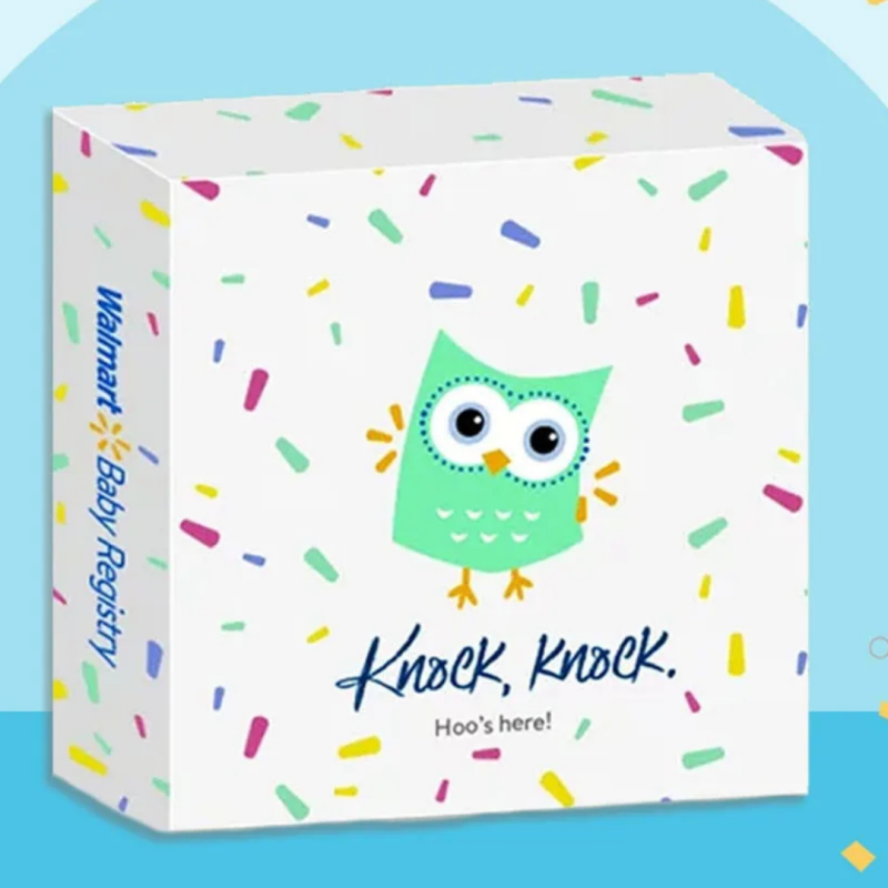 Free Walmart Baby Welcome Box with owl design on front; closed box with no products shown