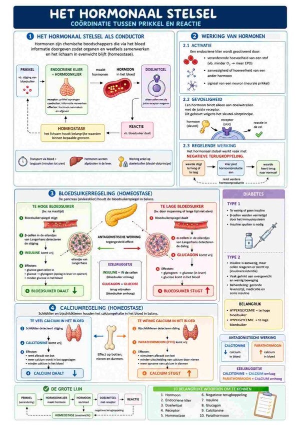 Gevisualiseerde samenvatting – hormonaal stelsel 🧠🩸 coördinatie tussen prikkel en reactie (natuurwetenschappen 2de graad)