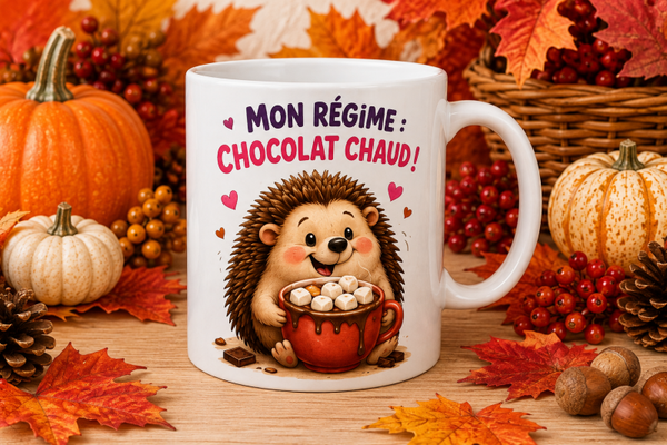 Mug ; " Mon régime chocolat chaud" ( automne)
