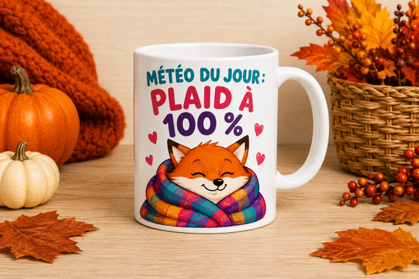 Mug ; " Météo du jour, plaid à 100%" ( Automne)