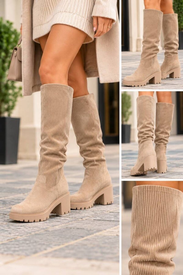 Soft Ribbed Boots – Beige