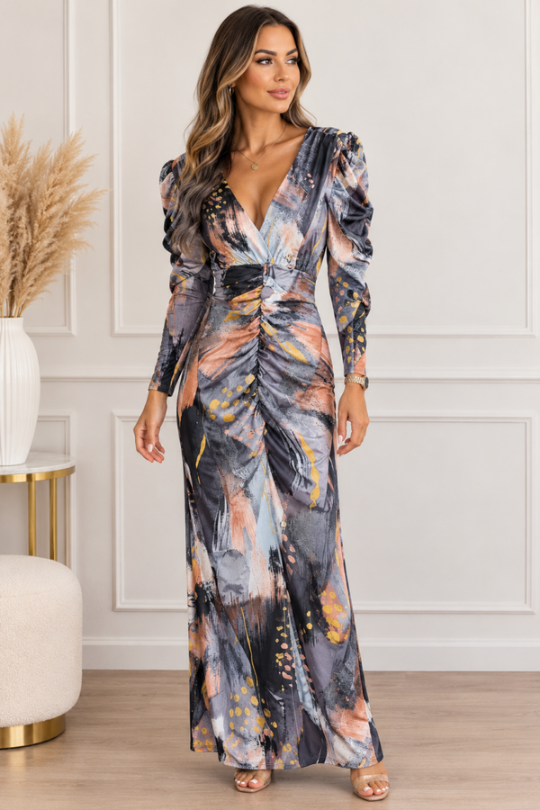 Abstract Glam Maxi Jurk – Elegant & Trendy 🩶🧡 ( one size )