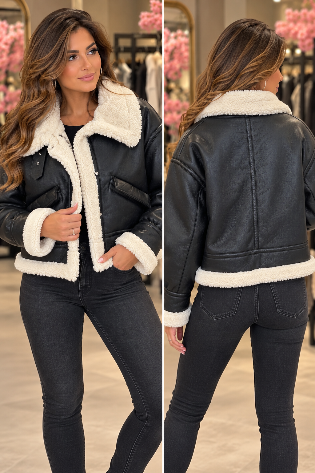 🤍 Aviator Teddy Jacket – Stoer & Trendy Black