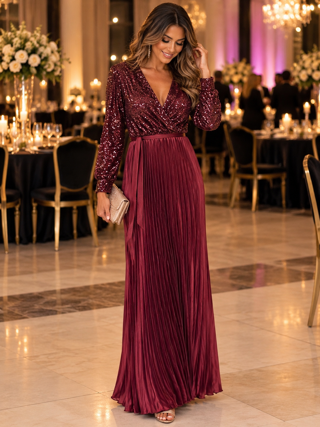 ✨ Royal Glamour – Bordeaux Glitter Maxi Jurk ( one size )