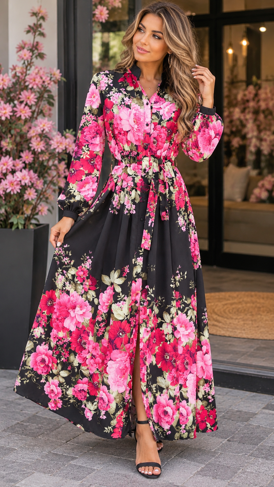 🌸 Floral Elegance Maxi Jurk – Black Pink ( one size )