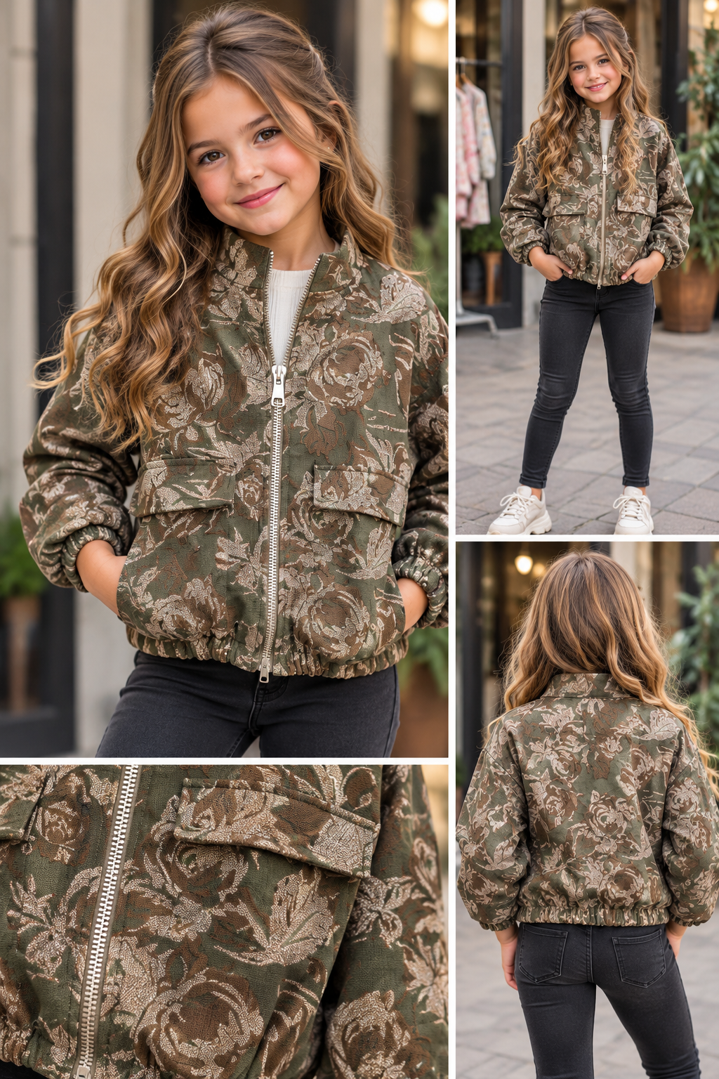 🌸 Productnaam: Flower Bomber Jacket – Army Green