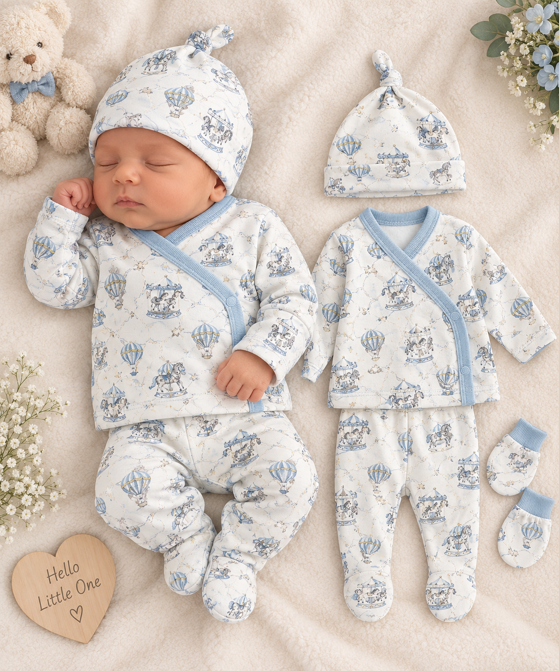 Newborn Babypakje met Draaimolenprint – Blauw 0 - 3 maanden