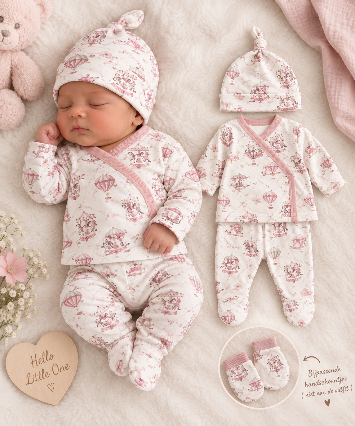 Newborn Babypakje met Draaimolenprint – Roze 0 - 3 maanden