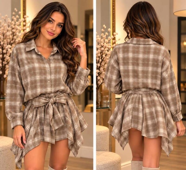 Chic Check Blouse & Bow Skirt – Trendy Elegance ( all one size )