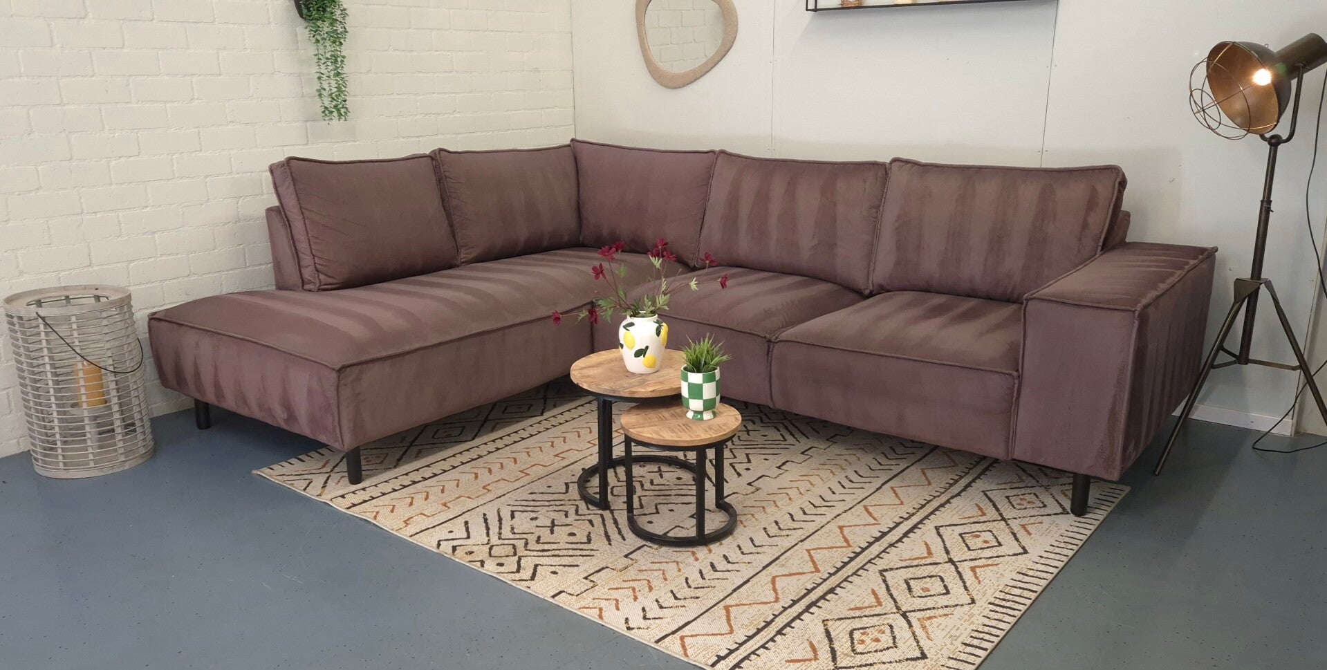 Velvet hoekbank bruin 295x220 || GEREINIGD