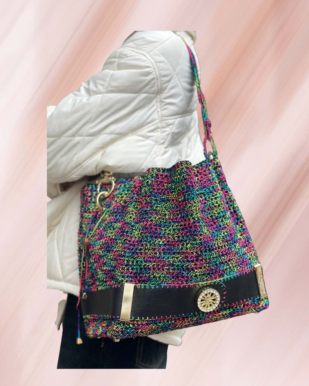 SAC SEAU AMORE FULL CROCHET BLACK RAINBOW