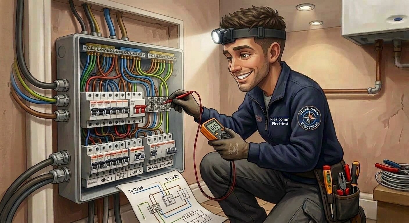 Flexicomm electrician checking consumer unit