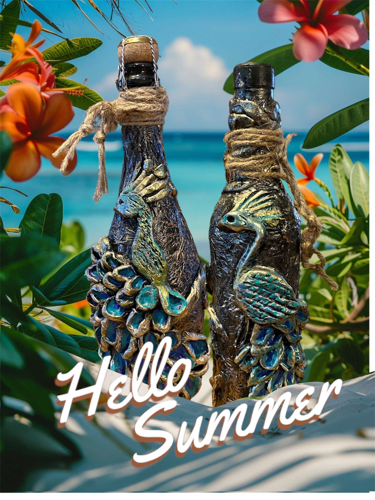 Beautiful Decorative bottles with peacocks in clay. 