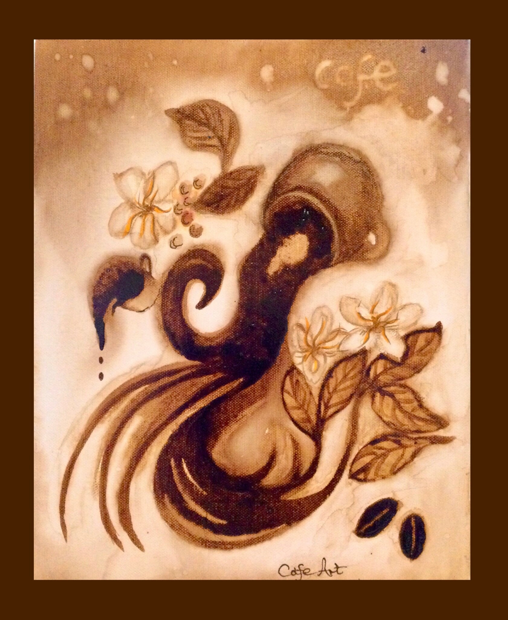 A painting of an upturned coffee cup with coffee spilled onto the table.  Th3 painting is in coffee. 