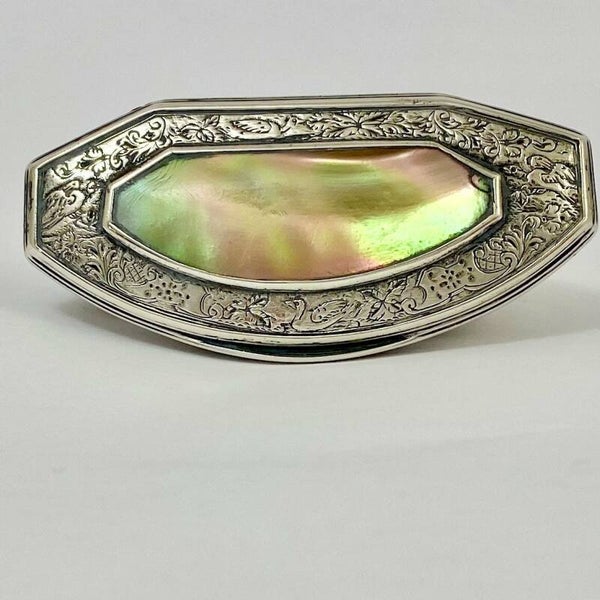 Snuff box, circa 1840, silver mounted shell