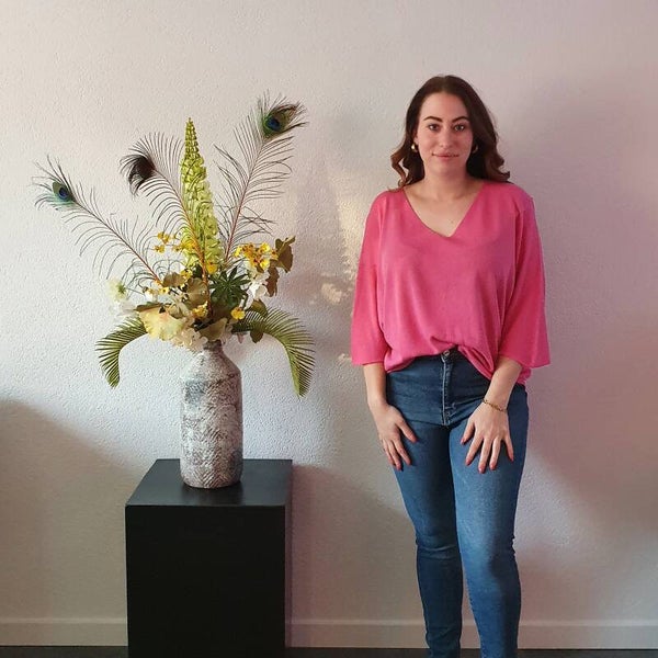 V-Hals Top Fuchsia 3/4 Mouw