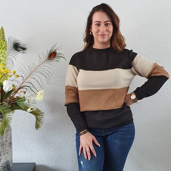 Trui Zwart/Beige/Bruin gouden bies