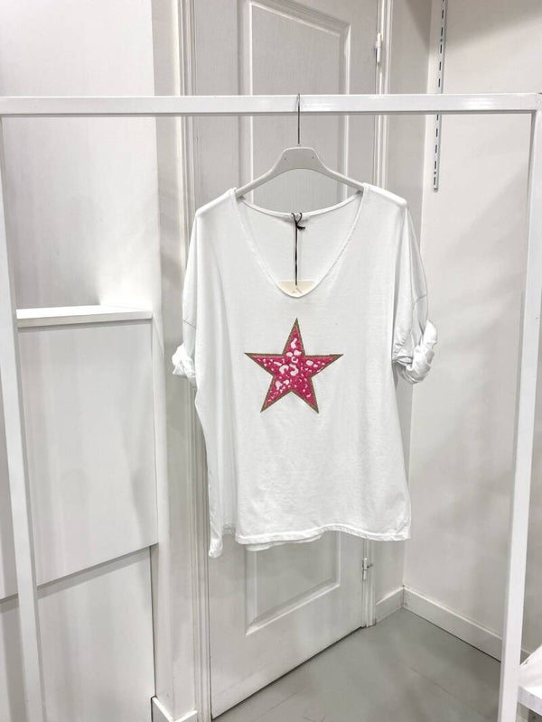 Top en coton " ETOILE"BLANC