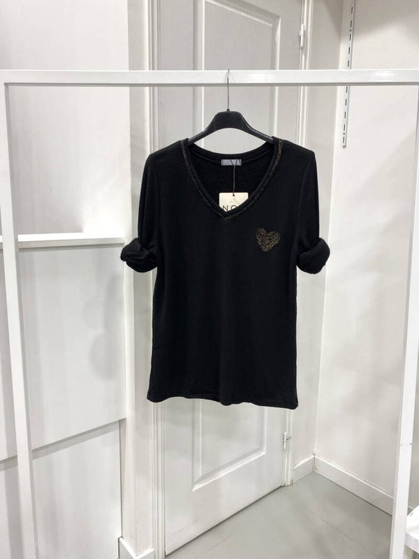 Pull en v molleton COEUR uni col lurex doré NOIR