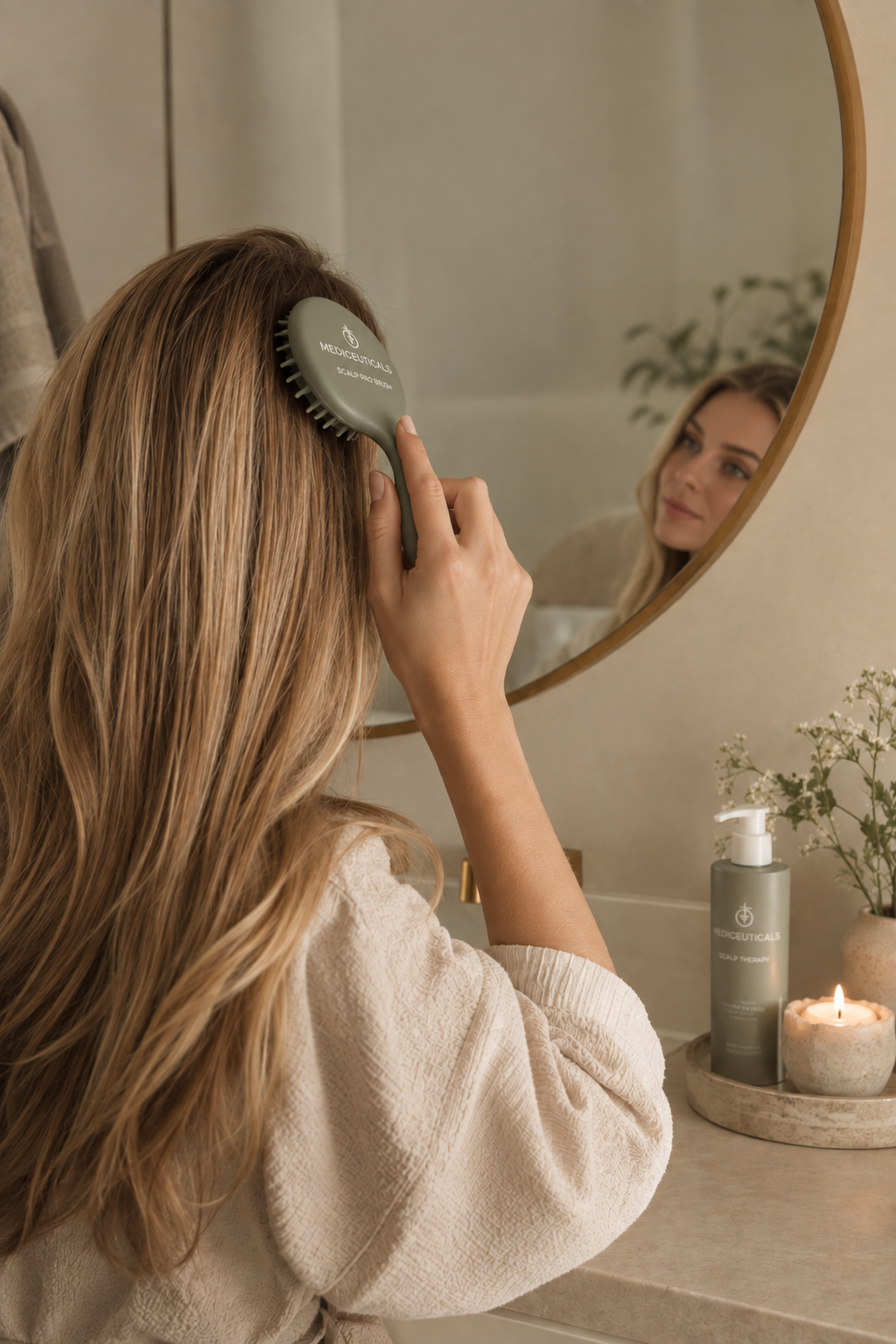 vrouw borstelt haar haren voor de spiegel