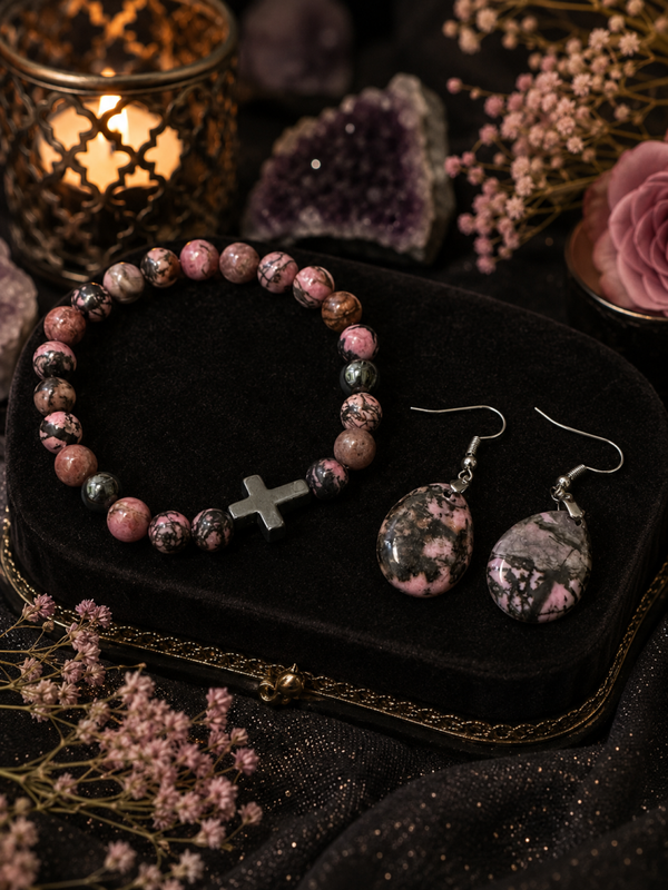 Rhodonite Cross bracelet and earrings
