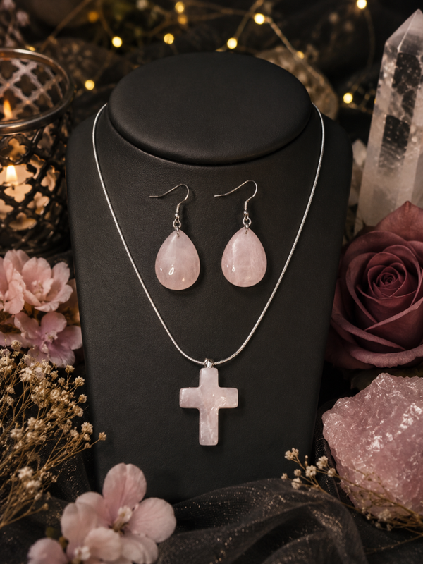 Rose Quartz cross necklace and earrings
