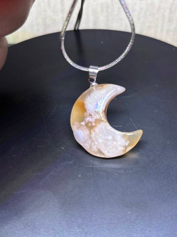 Flower Agate Crescent Moon Necklace