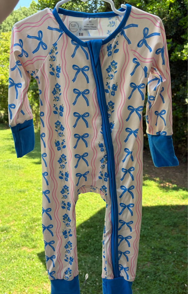 Blue Bow Zipper Romper