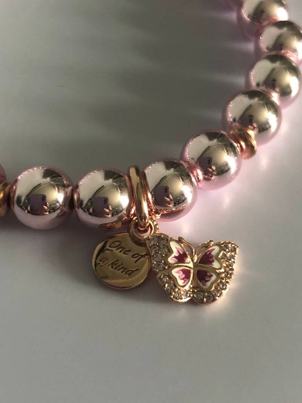 Pink hematite with rose gold on sterling silver butterfly charm