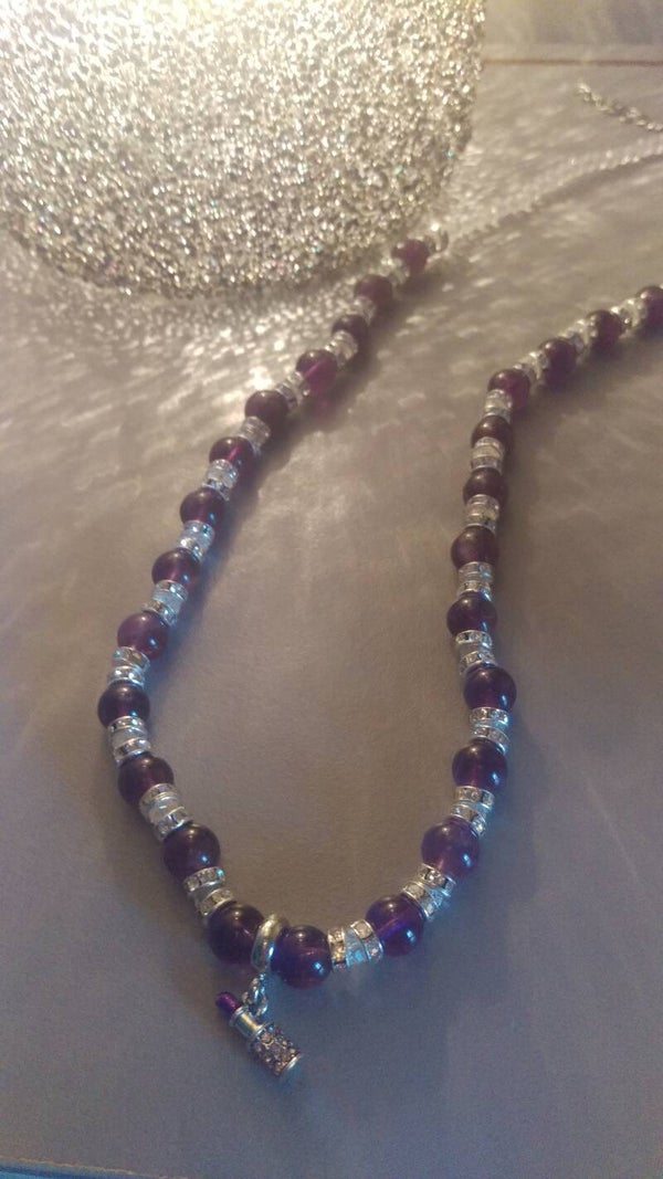 Amethyst beaded necklace with sterling silver lipstick charm