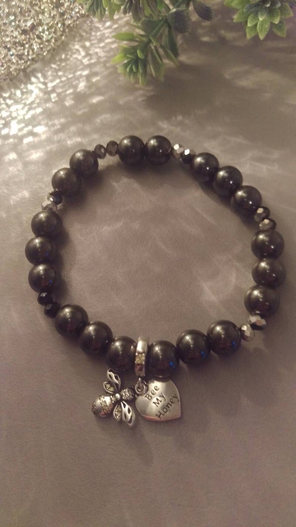 Black hematite with sterling silver bee & heart charm
