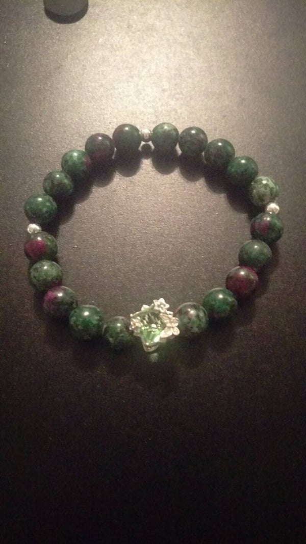 Ruby zoisite with peridot charm set