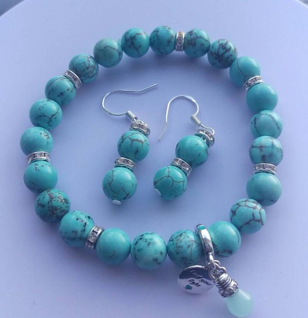 Turquoise beaded bracelet with glow in the dark sterling silver lightbulb charm and earrings set.