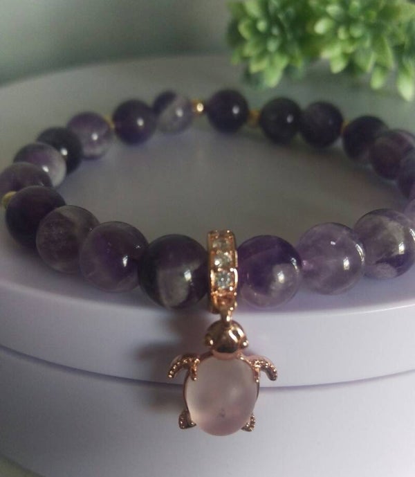 Tooth amethyst and rose gold sterling silver turtle charm