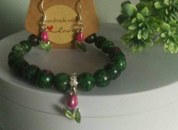 Ruby zoisite & pink tulip earrings & bracelet set