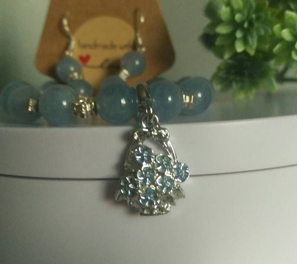💙 Aquamarine 8mm beaded bracelet with sterling silver flower basket charm