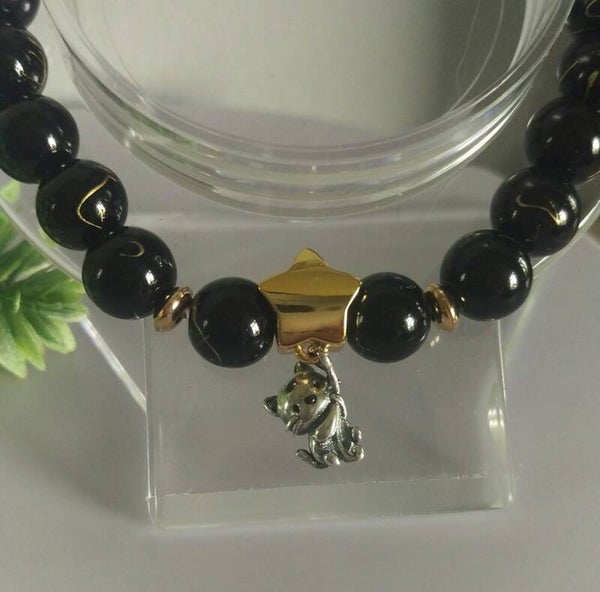 Black golden wire agate with cat holding star sterling silver charm