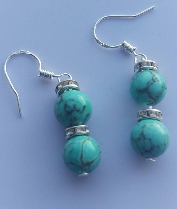 Turquoise beads silver rhinestone beads sterling silver shepherd hook earrings