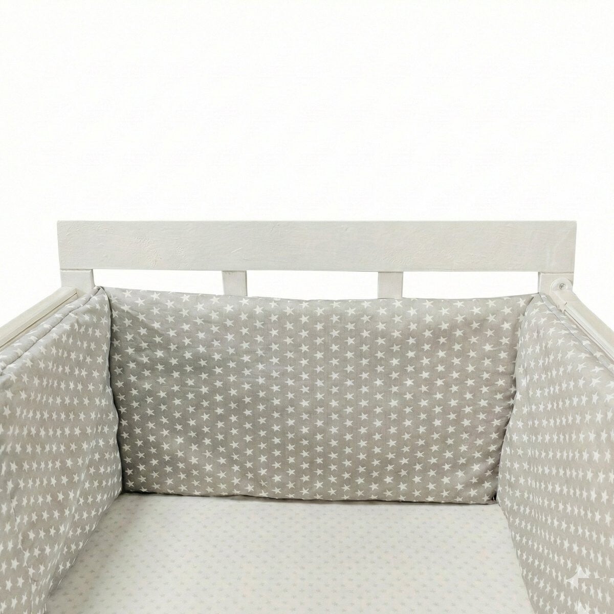 Bedomrander 180x30cm - Baby Bedbumper Ledikant - Katoen - Grijs met witte sterren