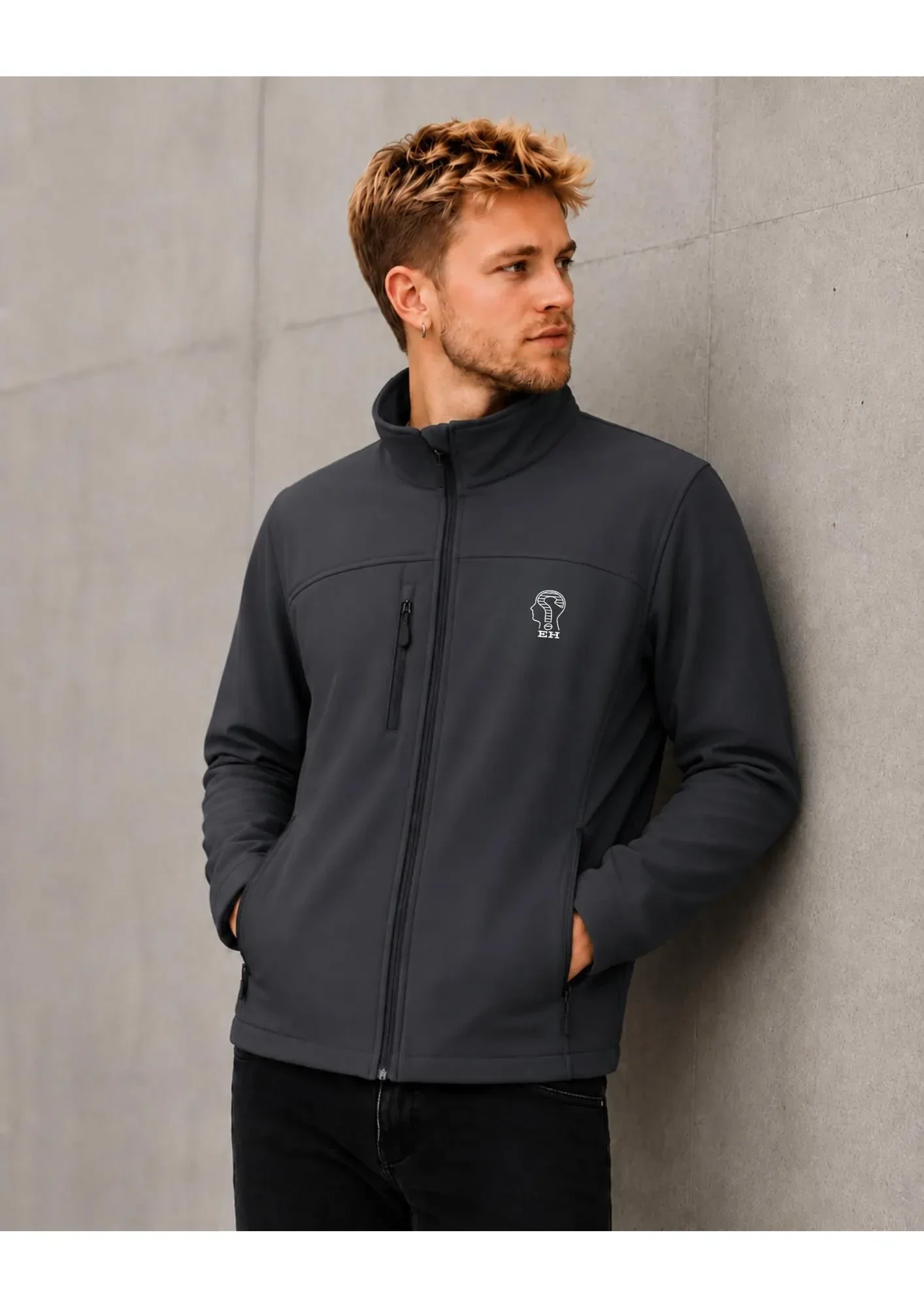 Chaqueta Softshell EH Gris Plomo Oscuro, Cortaviento Premium Unisex, Cazadora Impermeable, Estilo Urbano Moderno Minimalista, Diseño de Autor