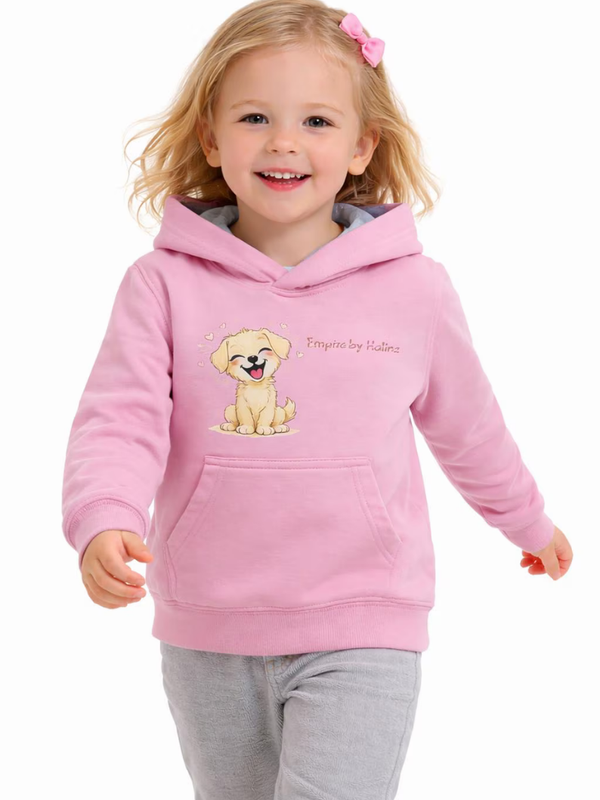 Sudadera con Capucha Niña Diseño Perrito – Hoodie Rosa – Interior Gris