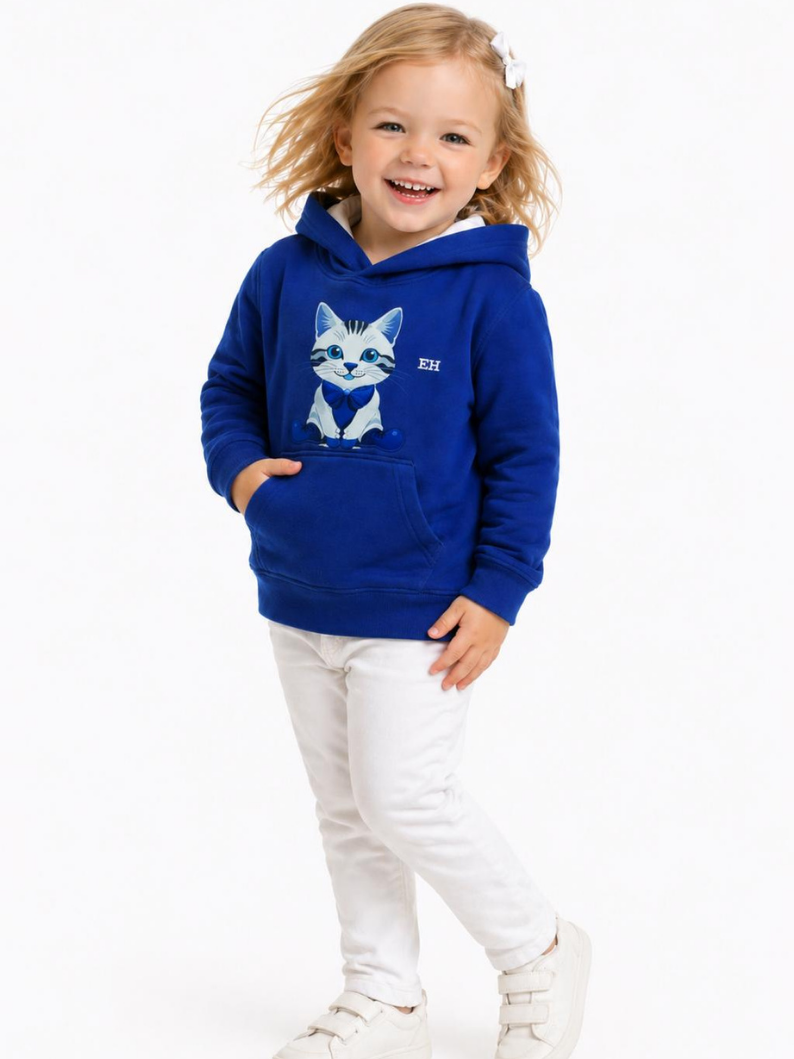 Sudadera con Capucha Niña Diseño Gatito – Hoodie Azul (Talla 3-4 Años) – Interior Blanco, Regalo Original Kids